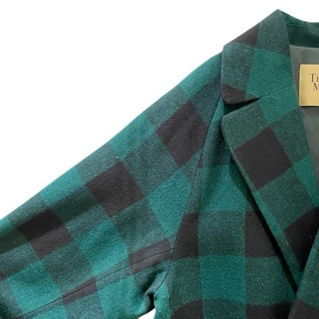 THOMAS MAGPIE ウール混チェックロングコート　グリーン