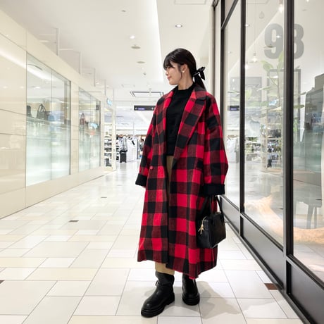 THOMAS MAGPIE ウール混チェックロングコート　レッド