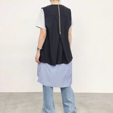 NUS   リネンライクツイルバッククロスタックノーカラージレ-  ブラック