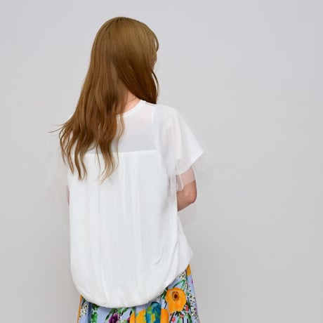 Praia       バックバルーンチュールドッキングTシャツ     -ホワイト