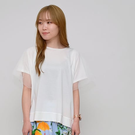 Praia       バックバルーンチュールドッキングTシャツ     -ホワイト