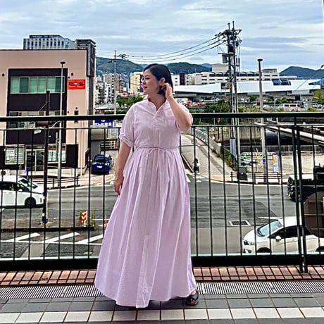 LIROMA 半袖チェックシャツドレス ピンク