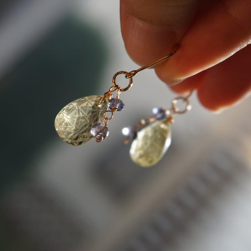 一点物・総14kgf】切子ピアス/イヤリング(レモンクォーツ×アイオライト