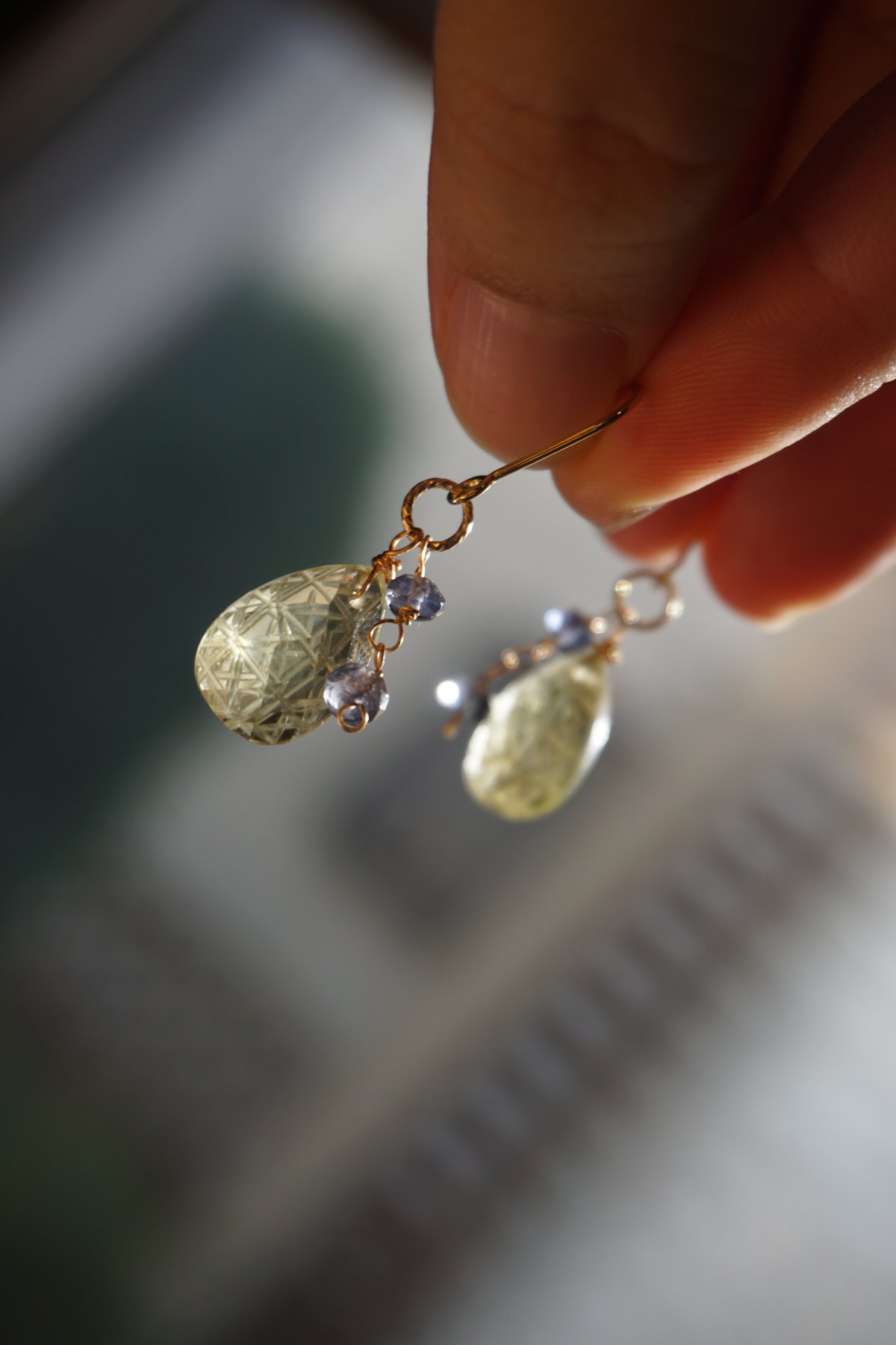 一点物・総14kgf】切子ピアス/イヤリング(レモンクォーツ×アイオライト