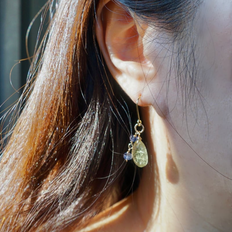 一点物・総14kgf】切子ピアス/イヤリング(レモンクォーツ×アイオライト