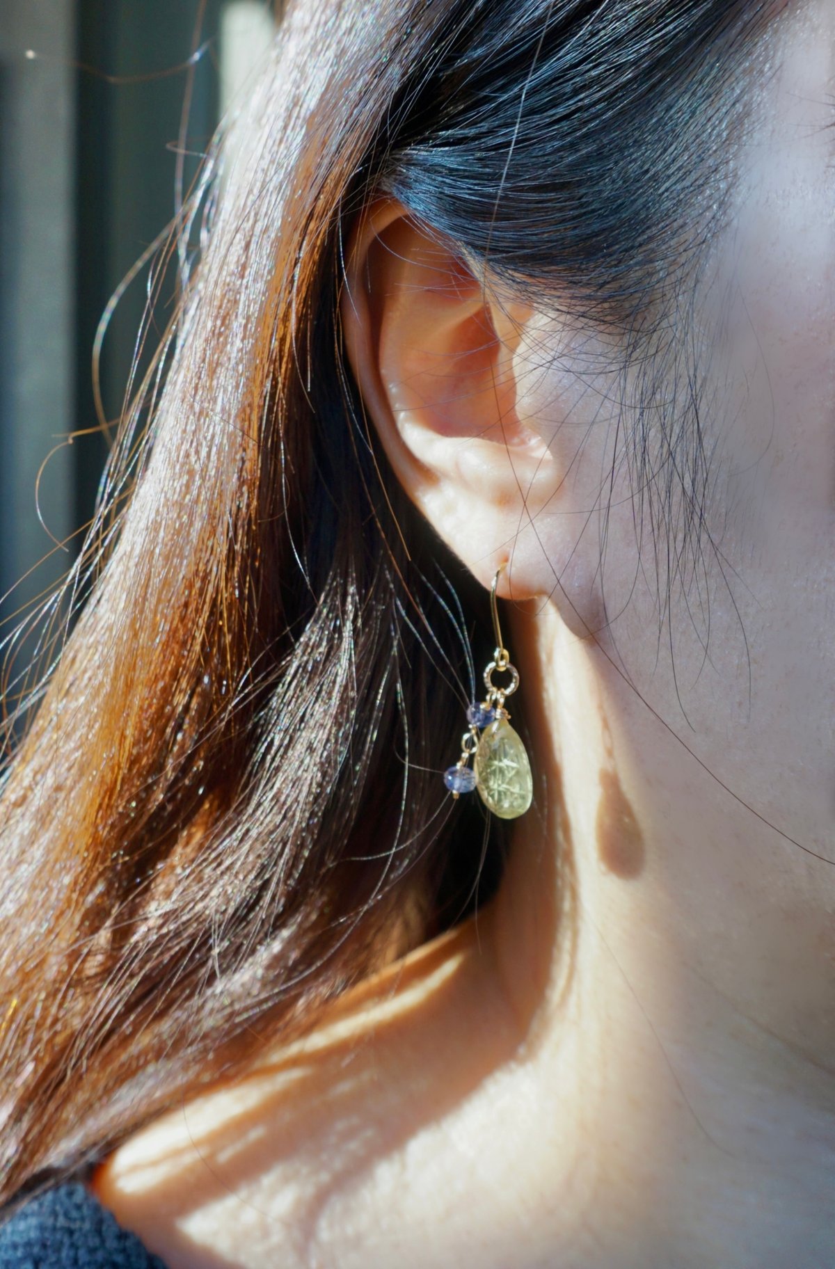 一点物・総14kgf】切子ピアス/イヤリング(レモンクォーツ×アイオライト