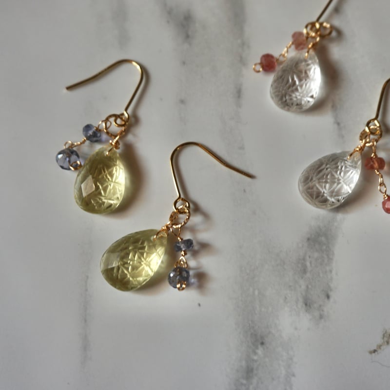 一点物・総14kgf】切子ピアス/イヤリング(レモンクォーツ×アイオライト