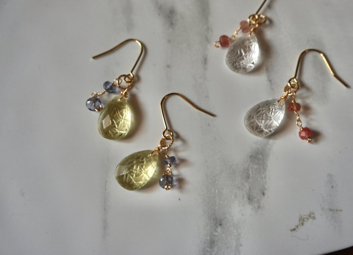 一点物・総14kgf】切子ピアス/イヤリング(レモンクォーツ×アイオライト