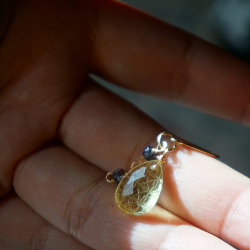 一点物・総14kgf】切子ピアス/イヤリング(レモンクォーツ×アイオライト