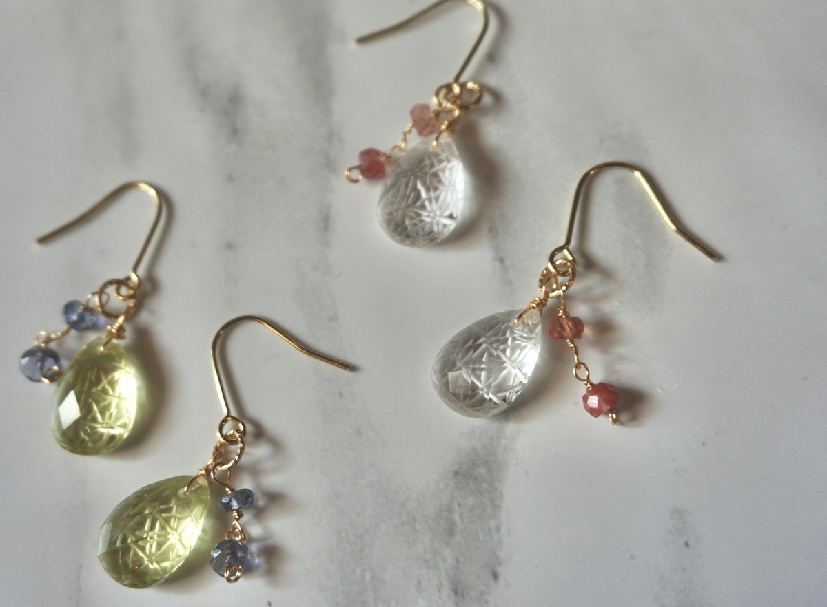 一点物・総14kgf】切子ピアス/イヤリング(レモンクォーツ×アイオライト