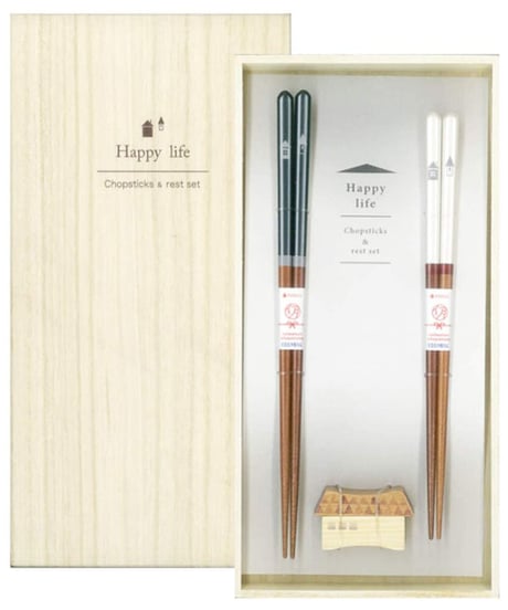 イシダ 日本製 ギフト 桐箱 箸置付 夫婦箸 ハッピーライフ 14×27.5×2.5cm
