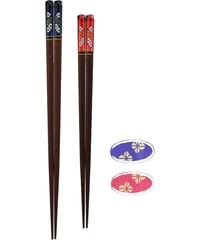 一双 夫婦箸 塗り箸 桐箱 箸置き 付 満開桜 2膳 日本製
