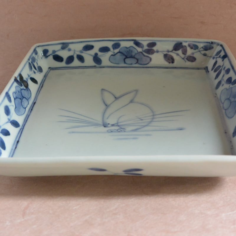 名工泰山作 草花文角小皿揃え 隅切しのぎ花唐草角皿 - 和