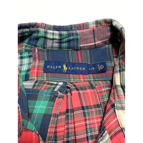 USED ラルフローレン パッチワークボタンダウンネルシャツ L