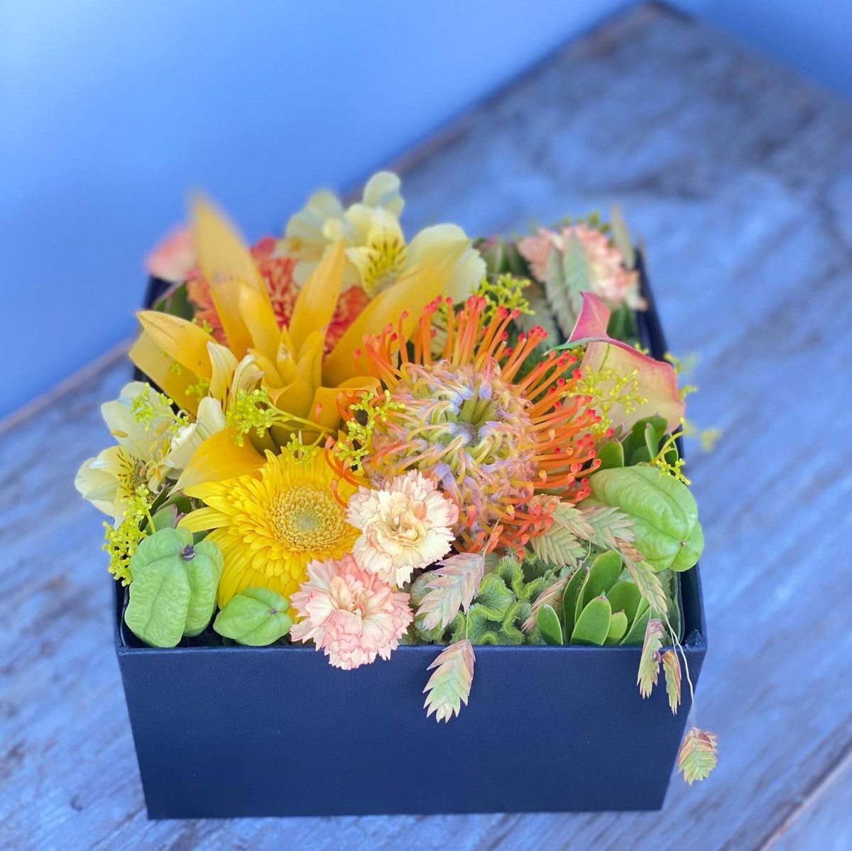 季節の花 イエロー×オレンジ フラワーボックス ギフト おしゃれ 花