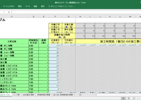 コストテーブル　機械加工・鍛造プレス