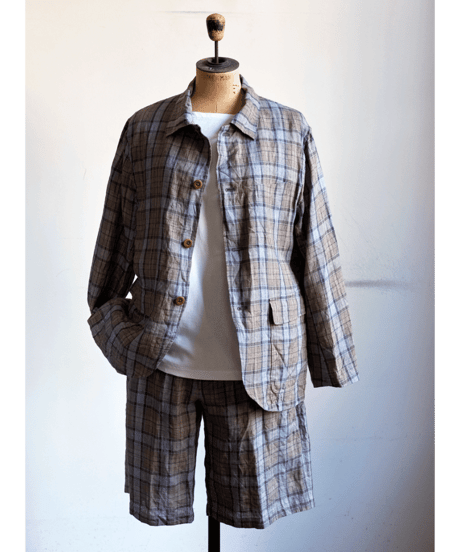 ts(s)　Washed Linen Tartan Plaid Patch＆Flap Shirt Collar Jacket