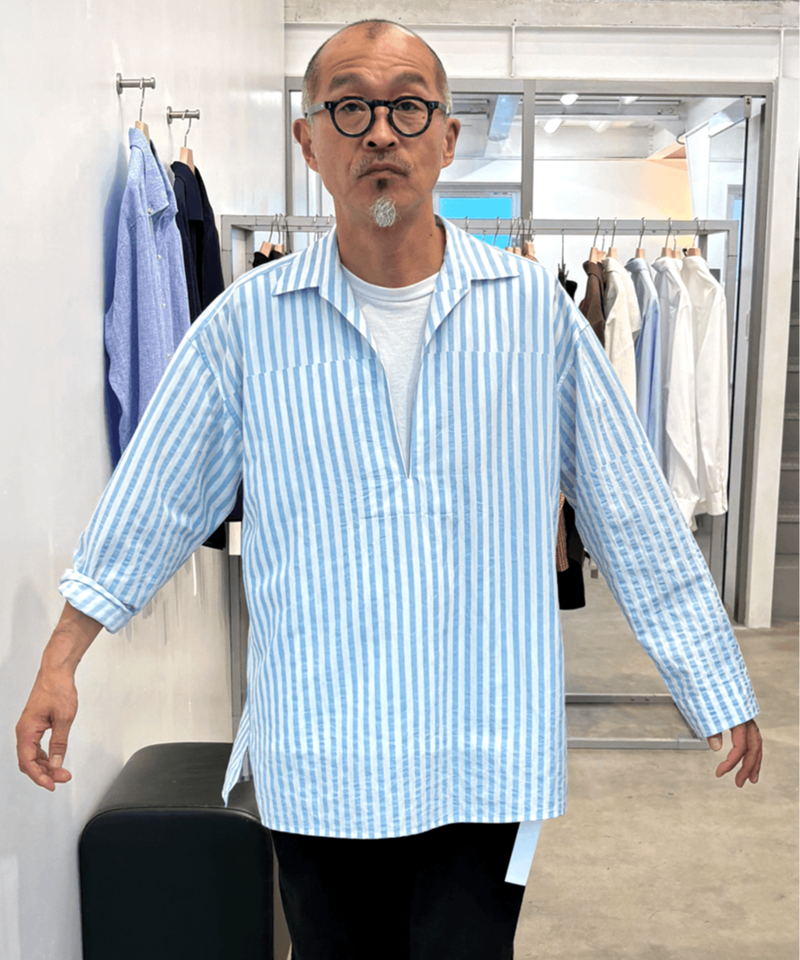 Cale 石灰藍染 Print Block Stripe Skipper Shirts | 山