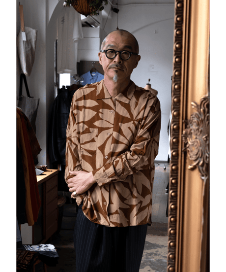 ts(s)　Leaf Print Viscose Cloth Open Collar Shirt BROWN