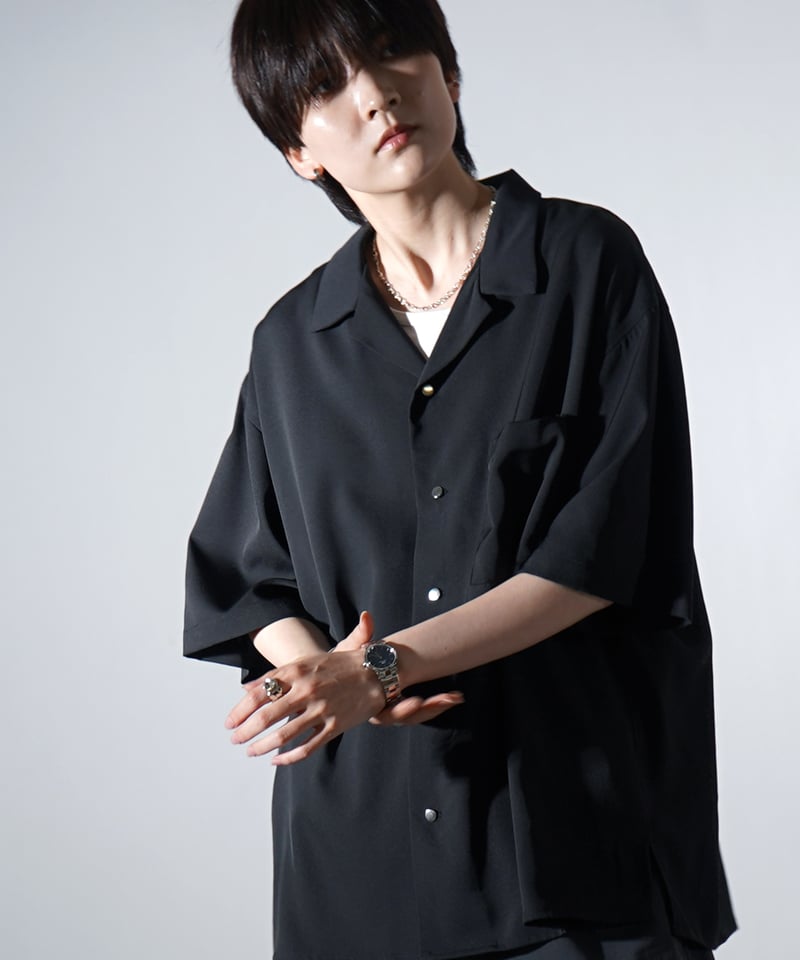 メタルボタン ドレープとろみ オープンカラー半袖シャツ /ミント  