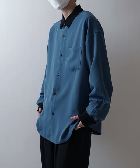 襟配色クレリック ルーズシルエット 長袖ビッグシャツ /ブルー