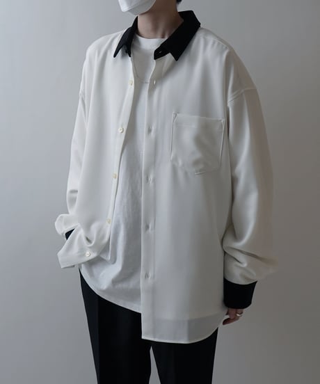襟配色クレリック ルーズシルエット 長袖ビッグシャツ /ホワイト