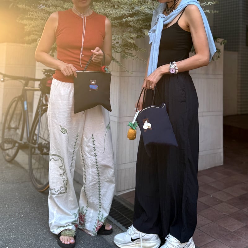 Demodee アップリケトートバッグBEAR(パールネックレス)：NAVY