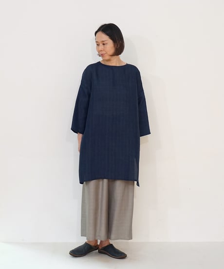 ブラウス ボートネックlong 七分袖 シルクオルガンザ 藍鼠 6151mvIG
