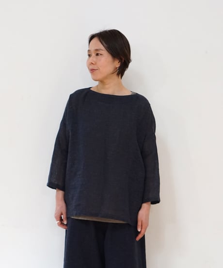 ブラウス プルオーバー 麻タビー 紺 6545llnDB