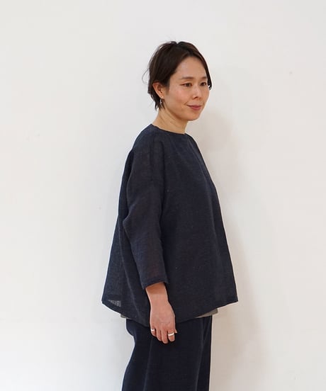 ブラウス プルオーバー 麻タビー 紺 6545llnDB