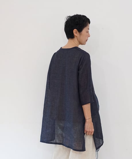 ブラウス Vネック A line 麻タビー 紺 6110llnDB