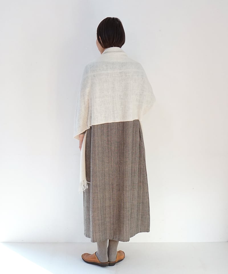 ストール ピュアパシミナ 綾織り 白&白ライン 約65cm幅 4255W | MAKI