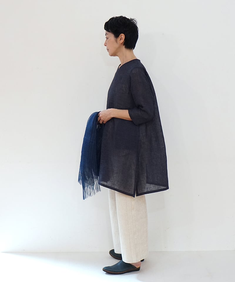 ブラウス Vネック A line 麻タビー 紺 6110llnDB | MAKI TEXTIL