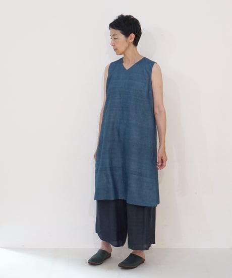 タンクトップ Vネックlong タッサーシルク 藍 6028tvI