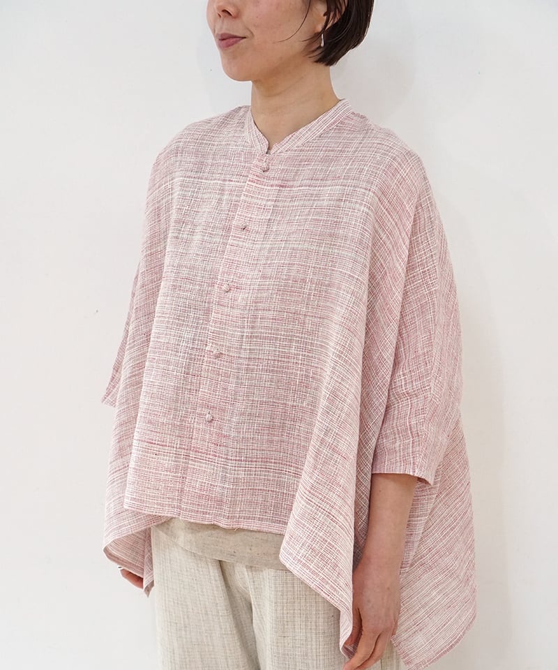 ドルマンボリュームシャツ　ピンク シャツ ドルマン 麻タビー 白ピンク 6200llgP | MAKI TEXTILE STU
