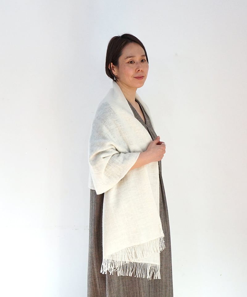 ストール ピュアパシミナ 綾織り 白&白ライン 約65cm幅 4255W | MAKI