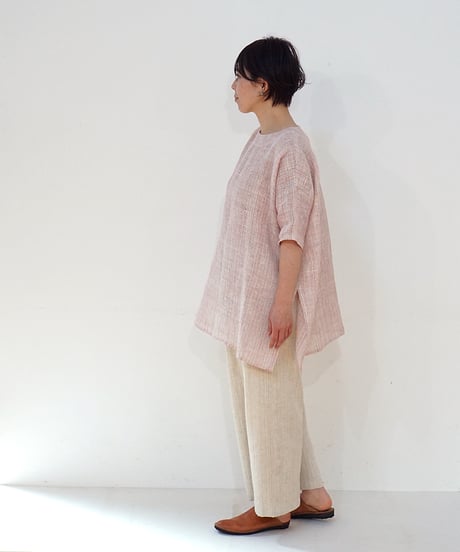 ブラウス ハーフ 麻タビー 白ピンク 6105llgP
