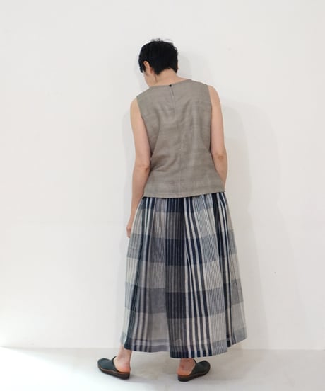 スカートthinギャザー ランダムボーダー 麻シルク 6925Blrdm