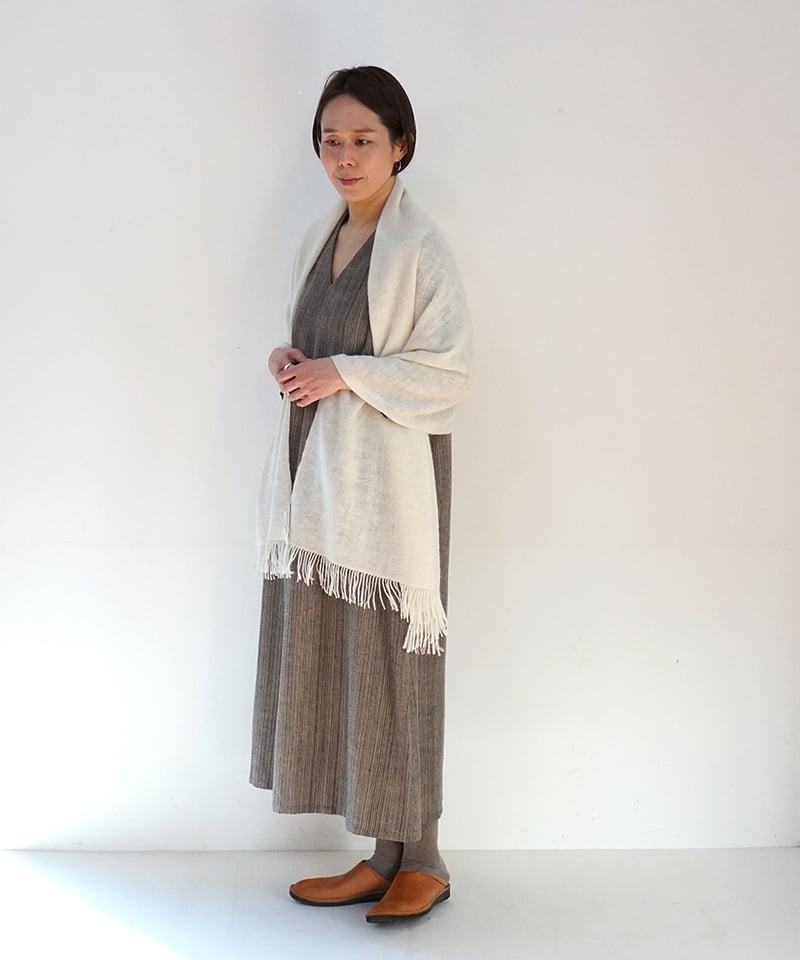 ストール ピュアパシミナ 綾織り 白&白ライン 約65cm幅 4255W | MAKI