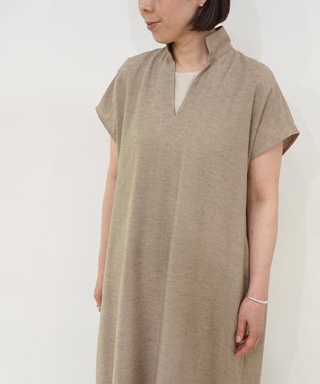 ワンピース えりつき フレンチスリーブ タッサーナーシ 生成り 6903tt