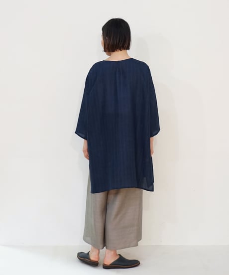 ブラウス ボートネックlong 七分袖 シルクオルガンザ 藍鼠 6151mvIG