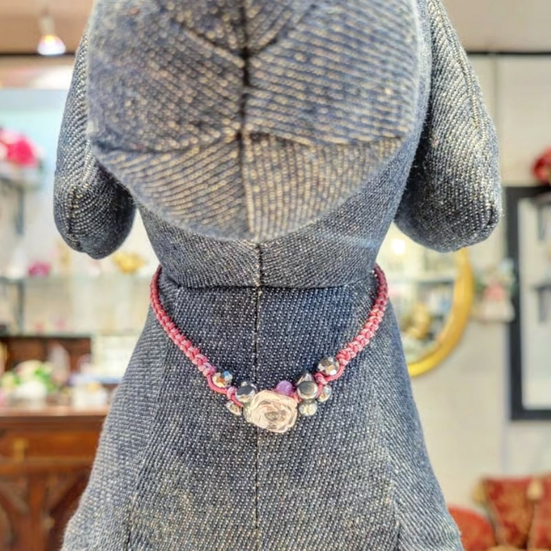 ワンちゃん用 テラヘルツと天然石のチョーカー 水晶薔薇彫り×ルビー<No