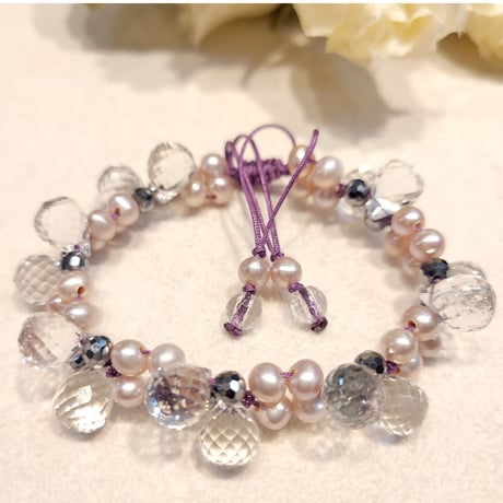 テラヘルツ<淡水パール×キラキラ水晶雫>　組紐テラブレスレット