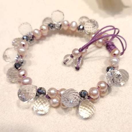 テラヘルツ<淡水パール×キラキラ水晶雫>　組紐テラブレスレット