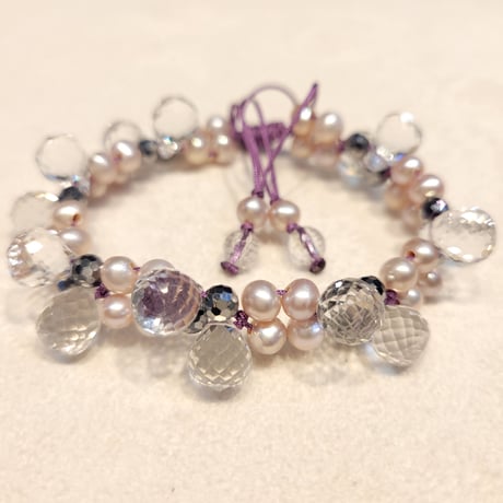 テラヘルツ<淡水パール×キラキラ水晶雫>　組紐テラブレスレット