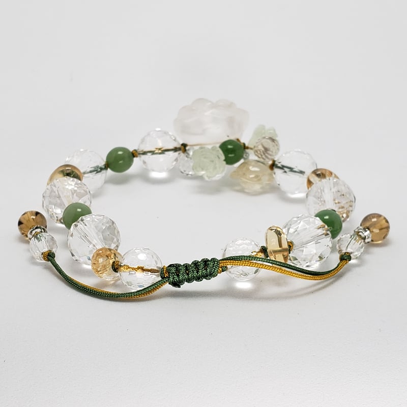 ★ 真珠★バラのプレート★4個★花台★オブジェプレート★飾り石★ 水晶バラ彫りブーケ<プレナイト・シトリン薔薇>組紐ブレスレット