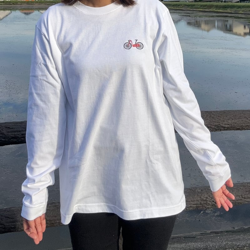刺繍レッド】自転車ロングスリーブTシャツ(ホワイト 刺繍レッド】自転車ロングスリーブTシャツ(ホワイト