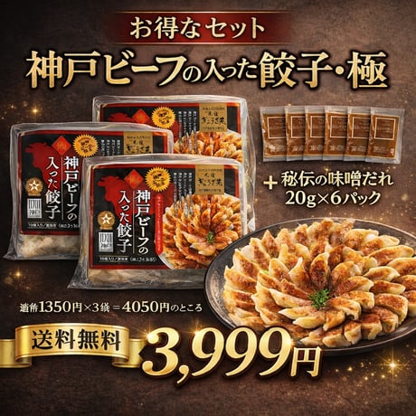 神戸ビーフ入り！極み餃子(４５個ニンニクなし味噌ダレ付）送料無料！当店自慢の名物餃子です