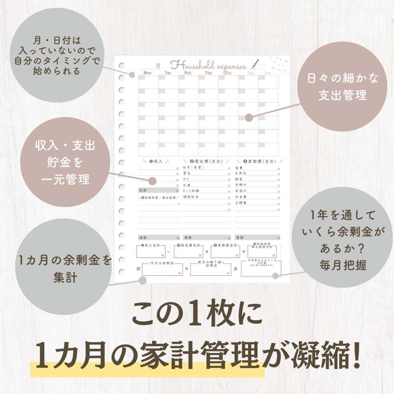 有料ロゴなし版】1カ月スケジュール入り簡単家計簿（ピンクグレー