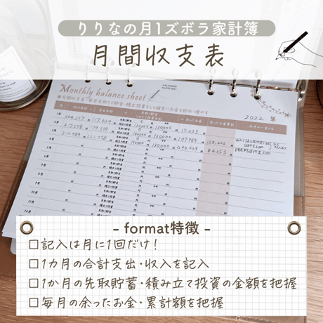 『月間収支表』家計簿リフィル｜毎年流用可能！月１回記入の記入で収支を把握